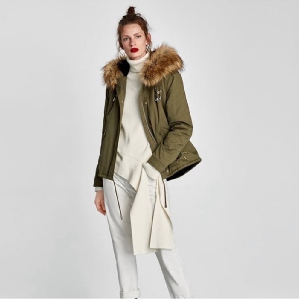 🔥 Zara Khaki Faux Fur Hooded Parka XS Winter Puffer Coat | Military Green Jacket - Picture 4 of 10